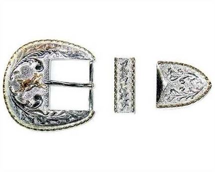 BUCKLE 3 PC BELT SET WITH BULL RIDER MOTIF SHINY FINISH
