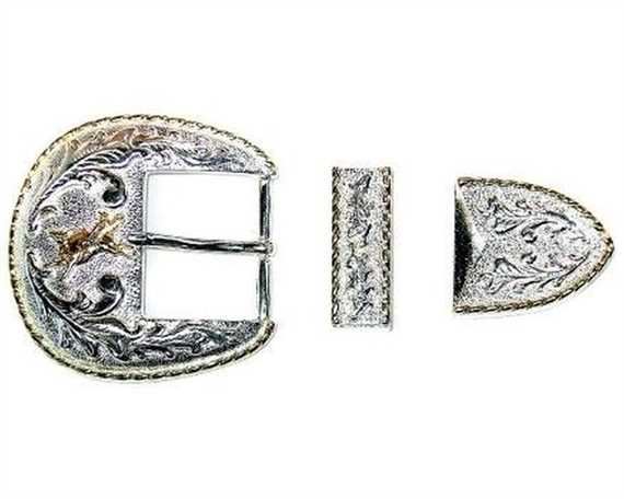 BUCKLE 3 PC BELT SET WITH BULL RIDER MOTIF SHINY FINISH