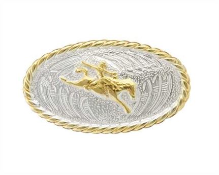 CONCHO BRONCO RIDER OVAL SILVER PLATE WITH GILT 